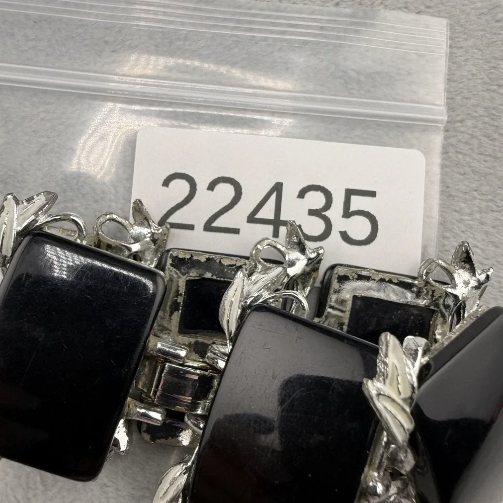 Vintage Thermoset Bracelet Silver‎ Tone Black Wide Chunky MCM  7